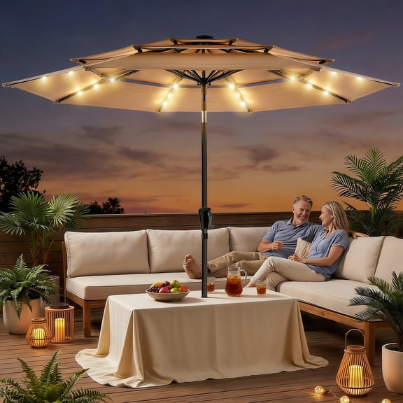 Patbrela 9ft 3-Tier Solar Patio Umbrella with LED Lights, Tilt Adjustment Outdoor Umbrella, Market Sun Shade for Beach, Backyard, Deck, Poolside, Beige