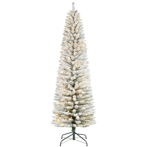 9ft Artificial Snow Flocked Christmas Tree, Unlit Pencil Hinged Pine Tree with Metal Stand, Slim Xmas Snowy Tree for Indoor and Outdoor Use