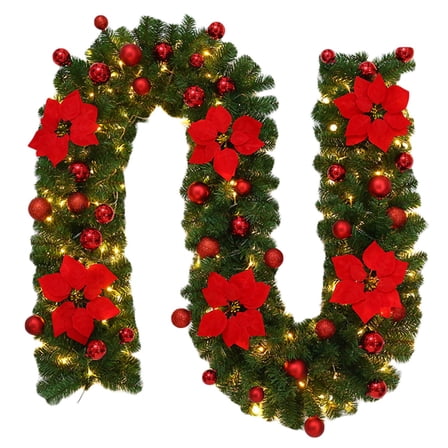 9ft Battery Operated Christmas Garland with Lights, Pre Lit Artificial Flower Vine Garland for Indoor Outdoor Decor, Fireplace, Stairs, Wall, and Holiday Party Decorations