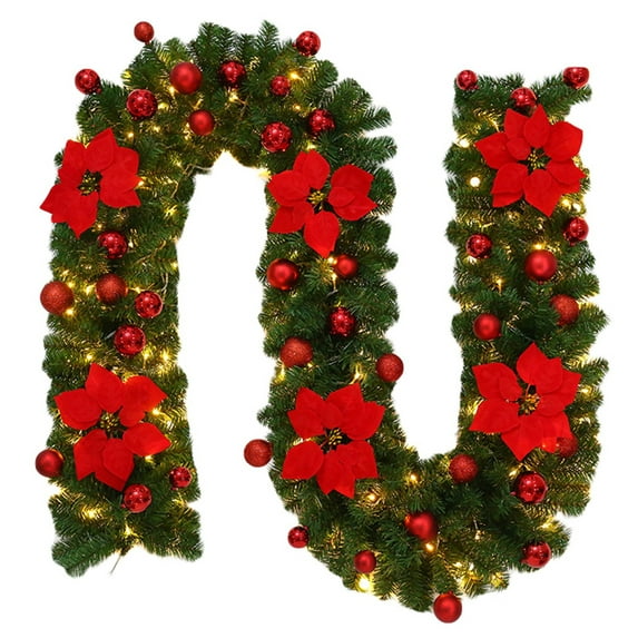 9ft Battery Operated Christmas Garland with Lights, Pre Lit Artificial Flower Vine Garland for Indoor Outdoor Decor, Fireplace, Stairs, Wall, and Holiday Party Decorations