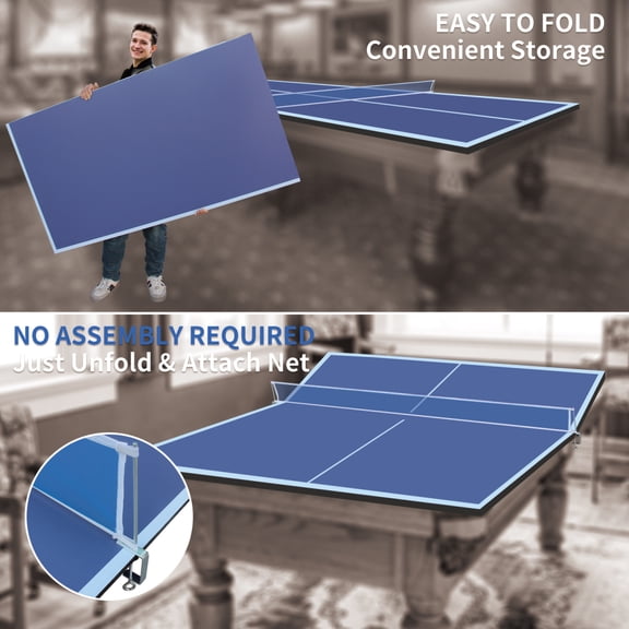 9ft Blue Mid Size Ping Pong Conversion Top Foldable Portable Table Tennis Table Top for Indoor Games