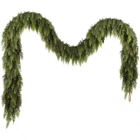 9ft Christmas Cedar Wreath and Garland, Soft Thick Artificial Norfolk Cedar with Realistic Texture, Suitable for Fireplace, Indoor and Outdoor Decoration to Enhance Holiday Charm, Green, 1pcs