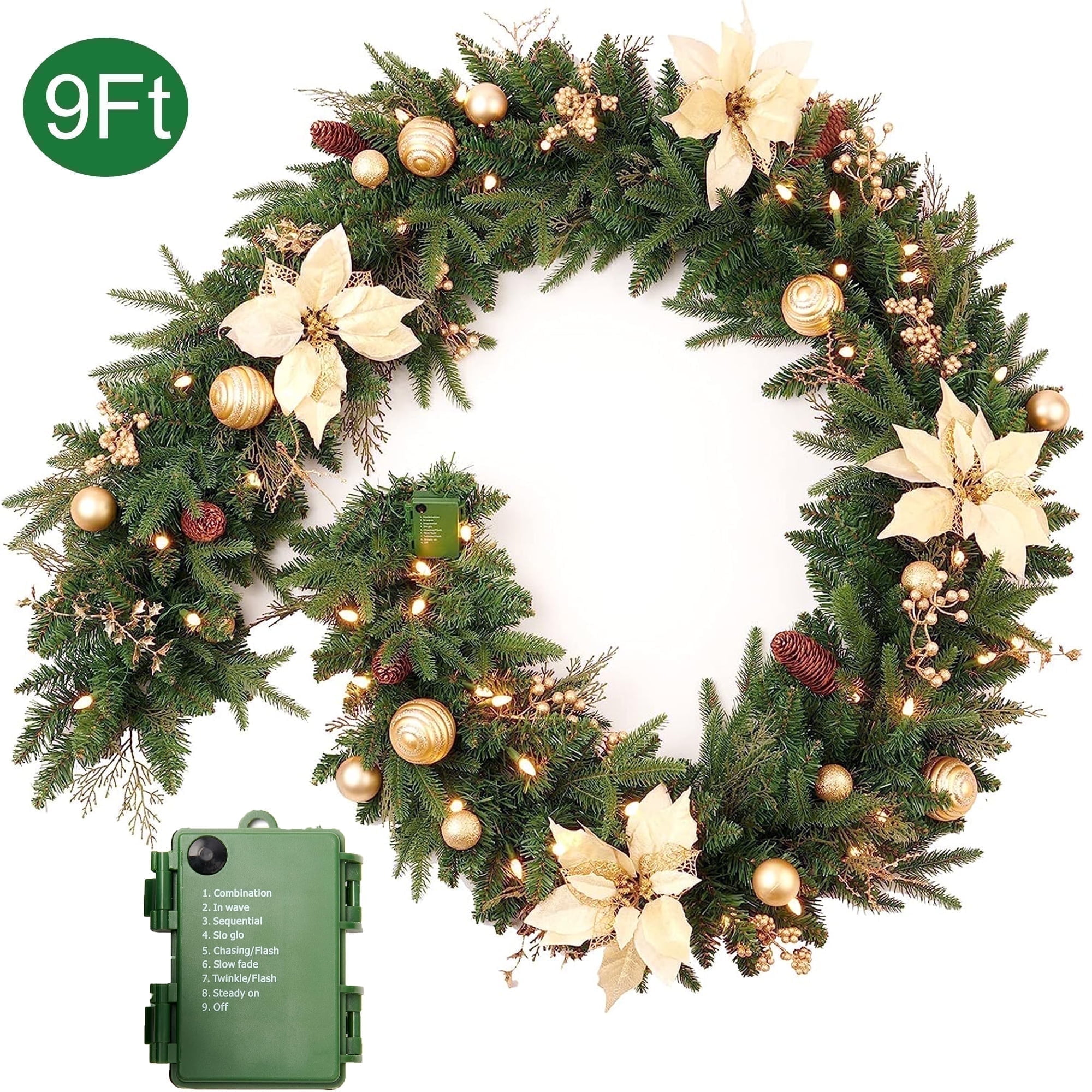 9ft Pre-Lit Christmas Garland with 50 LED String Lights Battery Operated, 260 Tips, 8 Lighting Modes, Golden Flower Christmas Outdoor Indoor Decorations for Front Door Stairs Railing Xmas Decor