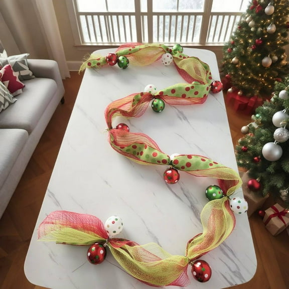 9ft Christmas Garland with Ball Red and Green Mesh Christmas Garland Wreath Ribbon Elf Peppermint Candy Christmas Decor for Xmas Tree Mantel Front Door Stairs Outdoor Indoor Party Decor Home Decor