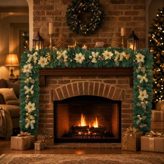 9ft Christmas Garland with Golden Flowers and Balls, Flexible Xmas Decorative Garland, Xmas Garland for Mantle, Stairs Railing Fireplace, Christmas Decorations