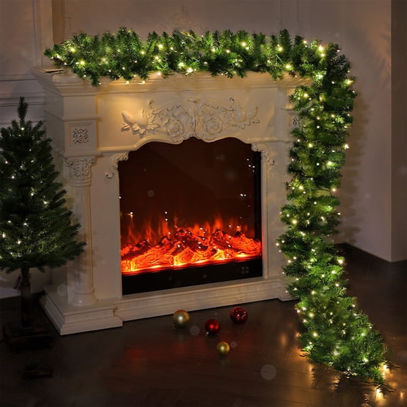 9ft Christmas Garland with Lights, Artificial Xmas Garland for Mantle Stairs Door Staircase Railing Fireplace Front Porch Decor Outdoor Indoor Home Decoration