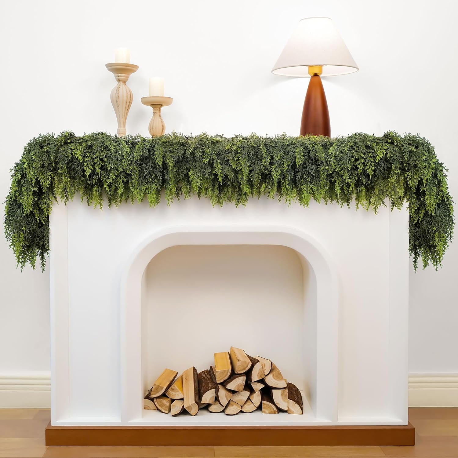 9ft Christmas Garland with Lights, Cedar Garland, Thick Realistic Green ...