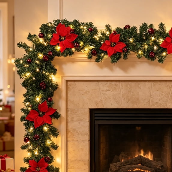 9ft Christmas Illuminate Garland, Christmas Garland Prelit with Lights, Xmas Tree Rattan Artificial Flower Vine Plants Outdoor Decorations