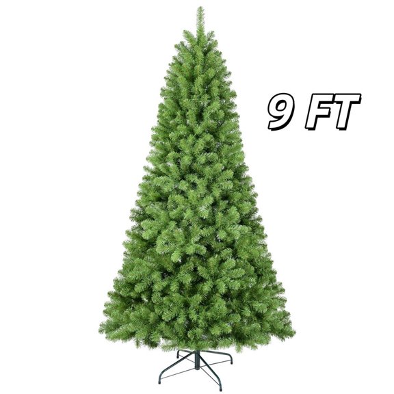 9ft Christmas Tree with Memory Wire, 1910 Tips Hinged Artificial PVC Tree, Easy Setup Green Xmas Tree for Indoor Holiday Decoration