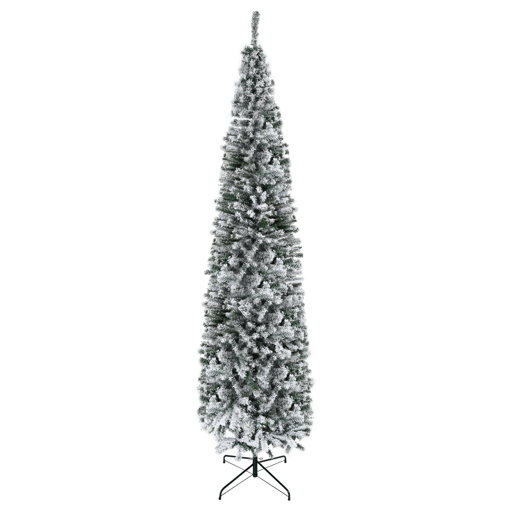 9ft Flocked Christmas Tree, Pencil Artificial Xmas Tree with Faux Snow
