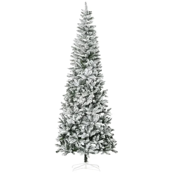 9ft Flocked Pencil Christmas Tree, Snow-Covered Artificial Xmas Tree with Full Branch Tips, Automatic Open, Indoor Holiday Decoration, Green