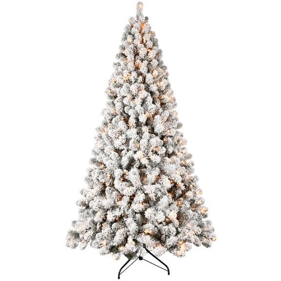 9ft Flocked Pre-Lit Christmas Tree with 650 UL Warm White Lights, 1930 PVC Tips, Auto-Unfold Memory Wire, Easy Assembly & Stable Metal Stand Snowy Holiday Decor