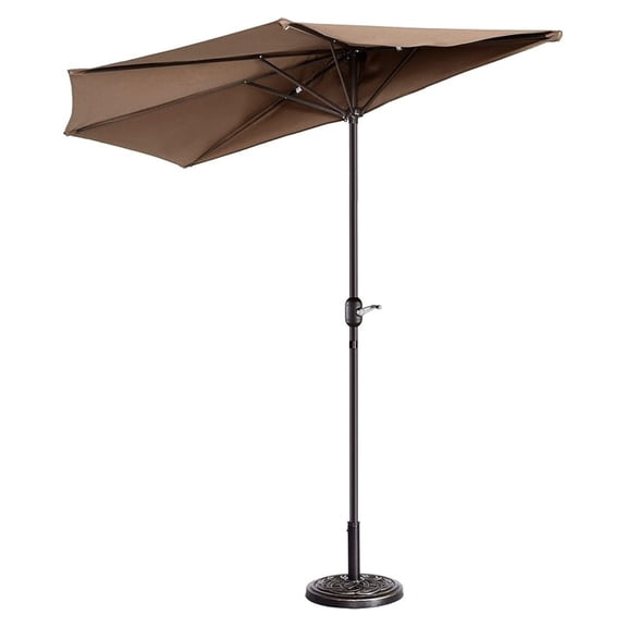 9ft Half Patio Umbrella, Wall Mounted Outdoor Umbrella, 5 Ribs Fade Resistant Sun Shade for Balcony, Deck, Townhouse - Brown