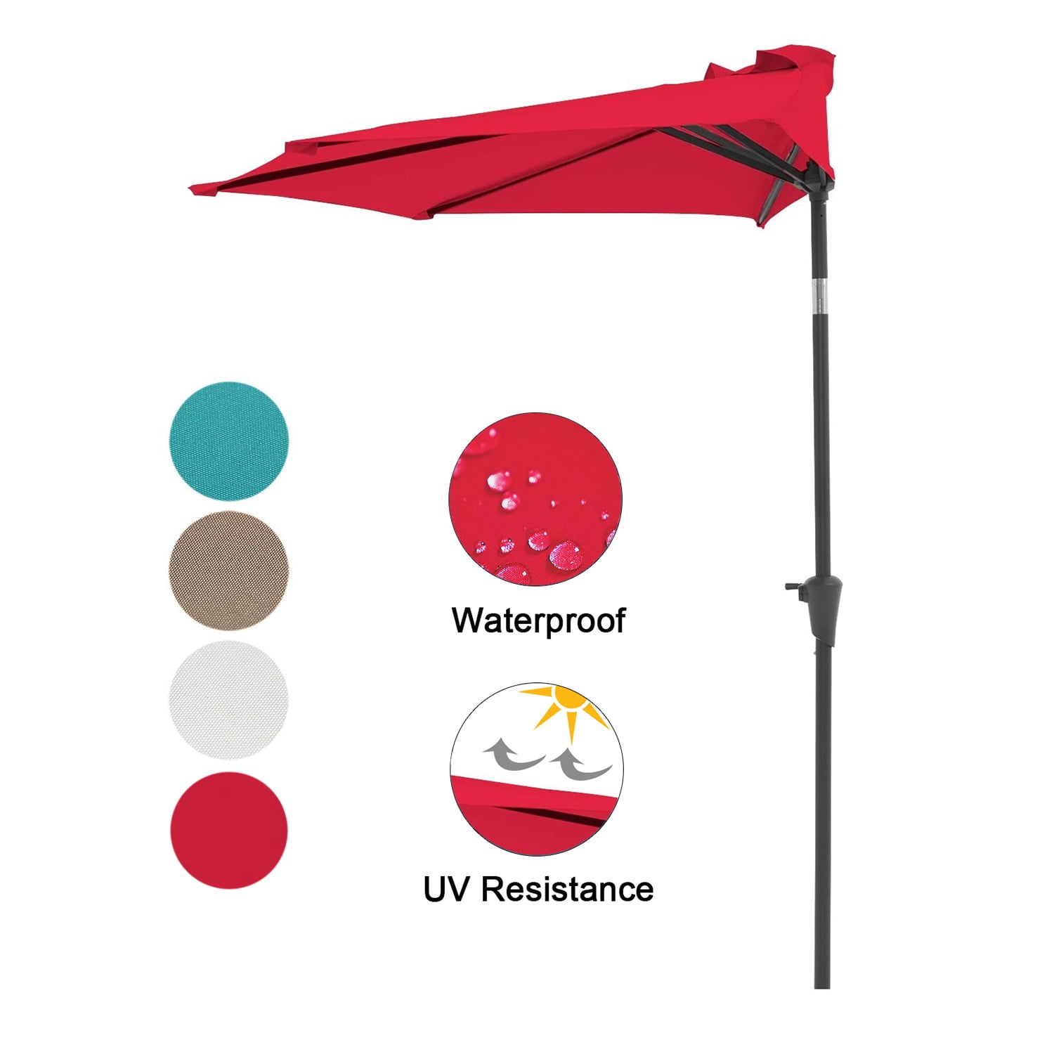 9ft Half Round Outdoor Patio Umbrella, Market Umbrella with Crank, Red
