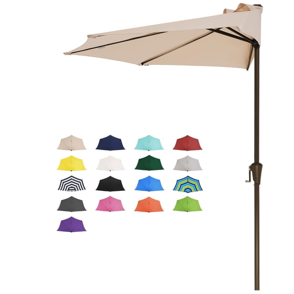 9ft Half Umbrella Outdoor Patio Market With Crank  1/2 Round Wall 5 Sturdy Ribs Uv Protection For Pool Garden Balcony Deck Beige