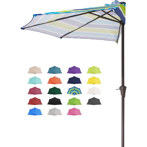 9ft Half Umbrella Outdoor Patio Umbrella Market Umbrellas with Crank, 1/2 Round Wall Umbrella 5 Sturdy Ribs UV Protection for Pool Garden Balcony Deck, Blue & Green Strip