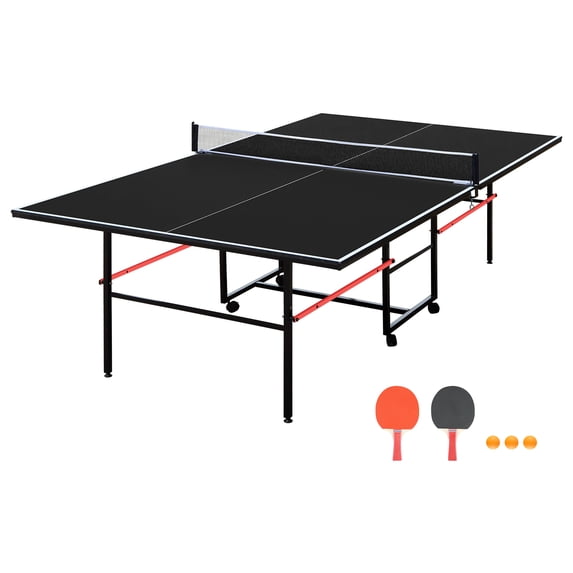 9ft Mid-Size Table Tennis Table Foldable & Portable Ping Pong Table Set for Indoor Games with Net, 2 Paddles and 3 Balls