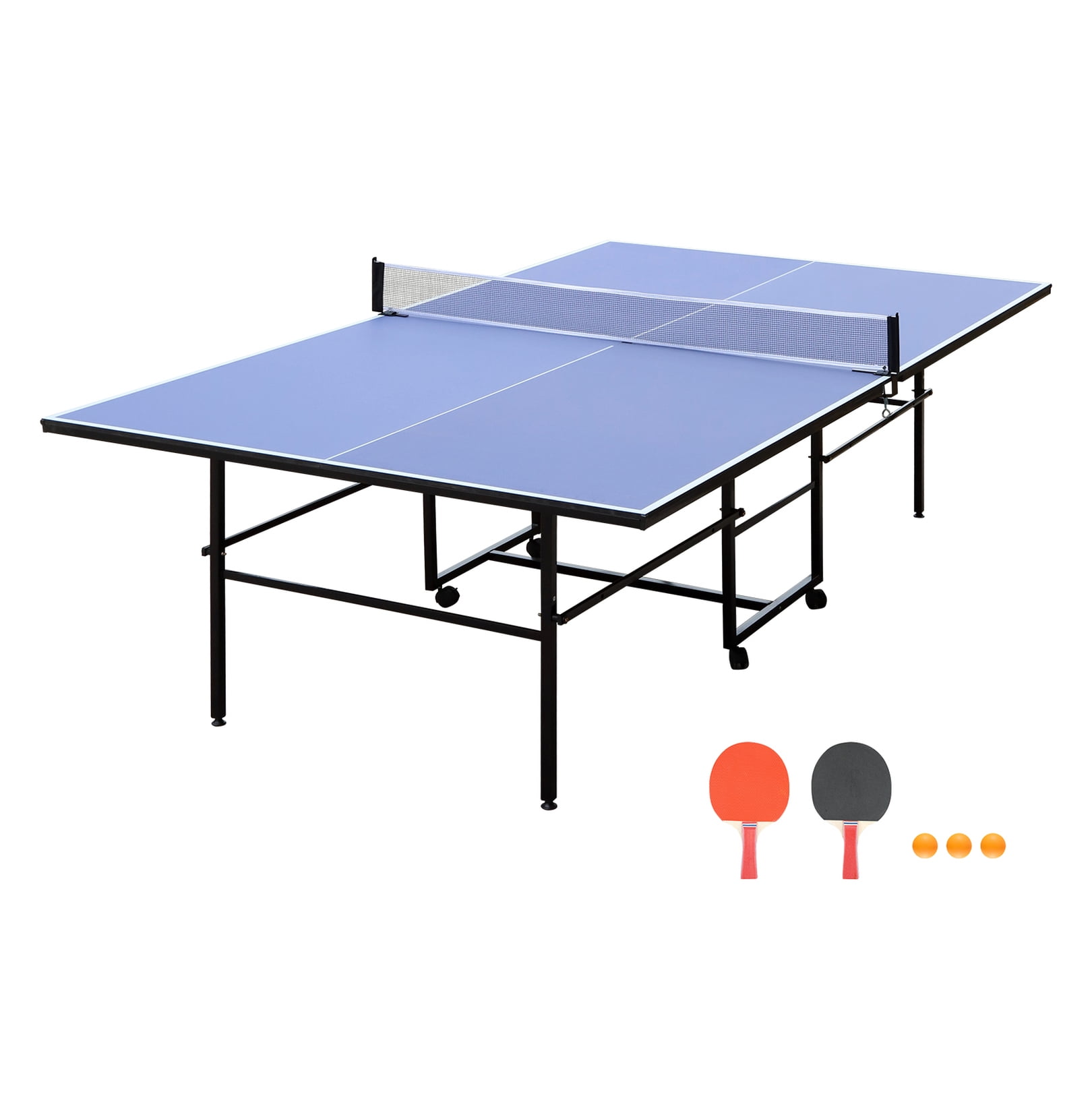 9ft Mid-Size Table Tennis Table Foldable & Portable Ping Pong Table Set for Indoor Games with Net, 2 Table Tennis Paddles and 3 Balls