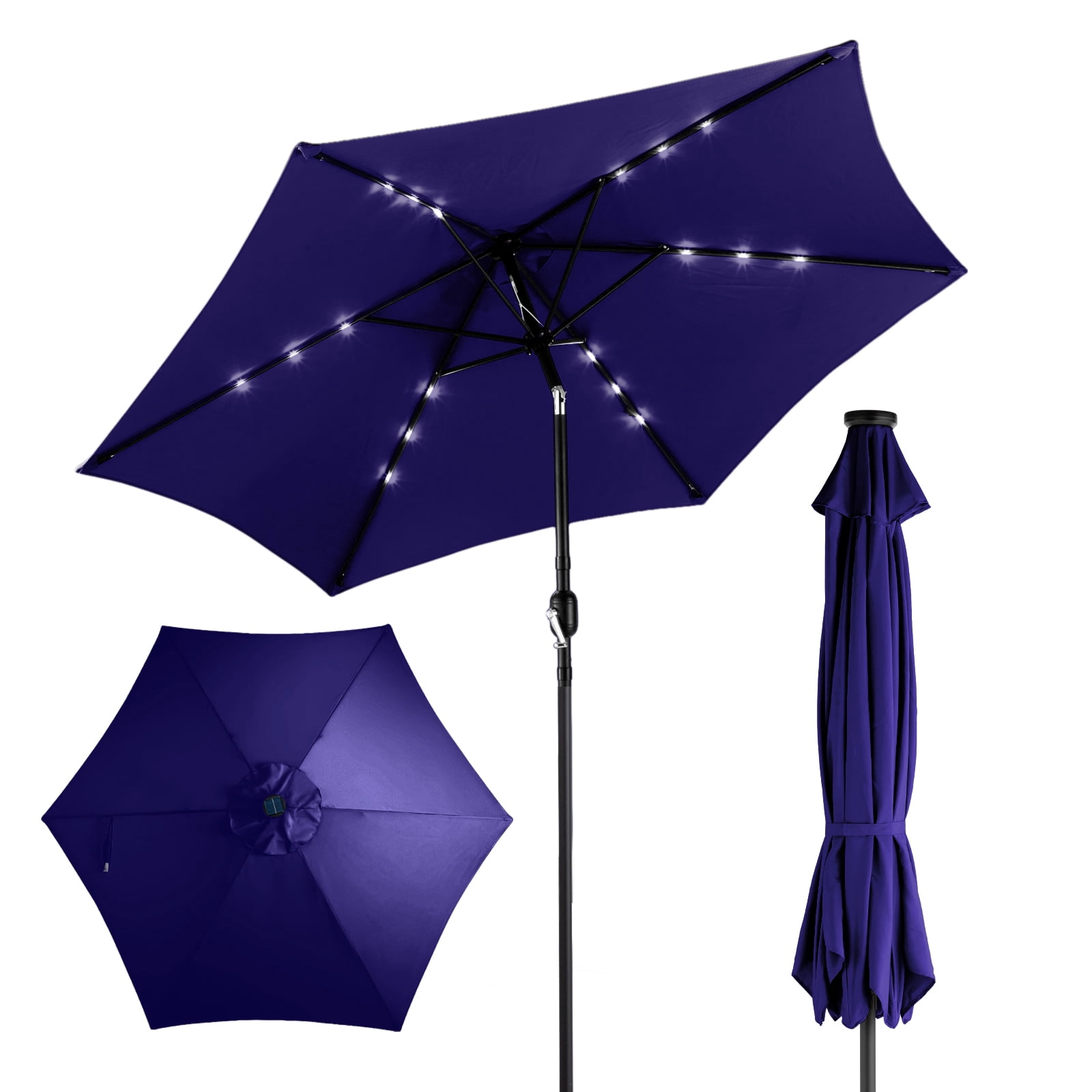 9ft Navy Blue Solar Patio Umbrella with LED Lights, UPF 50+ Waterproof Solution-Dyed Polyester Canopy, 6 Iron Ribs, Push Button Tilt & Crank Lift, Wind Resistant for Patio Garden Poolside