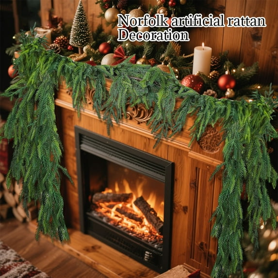 9ft Norfolk Pine Christmas Garland, 90-Tip Artificial Pine Vine for Front Door, Mantel, Staircase, Window, Wall, Indoor & Outdoor Holiday Decorations