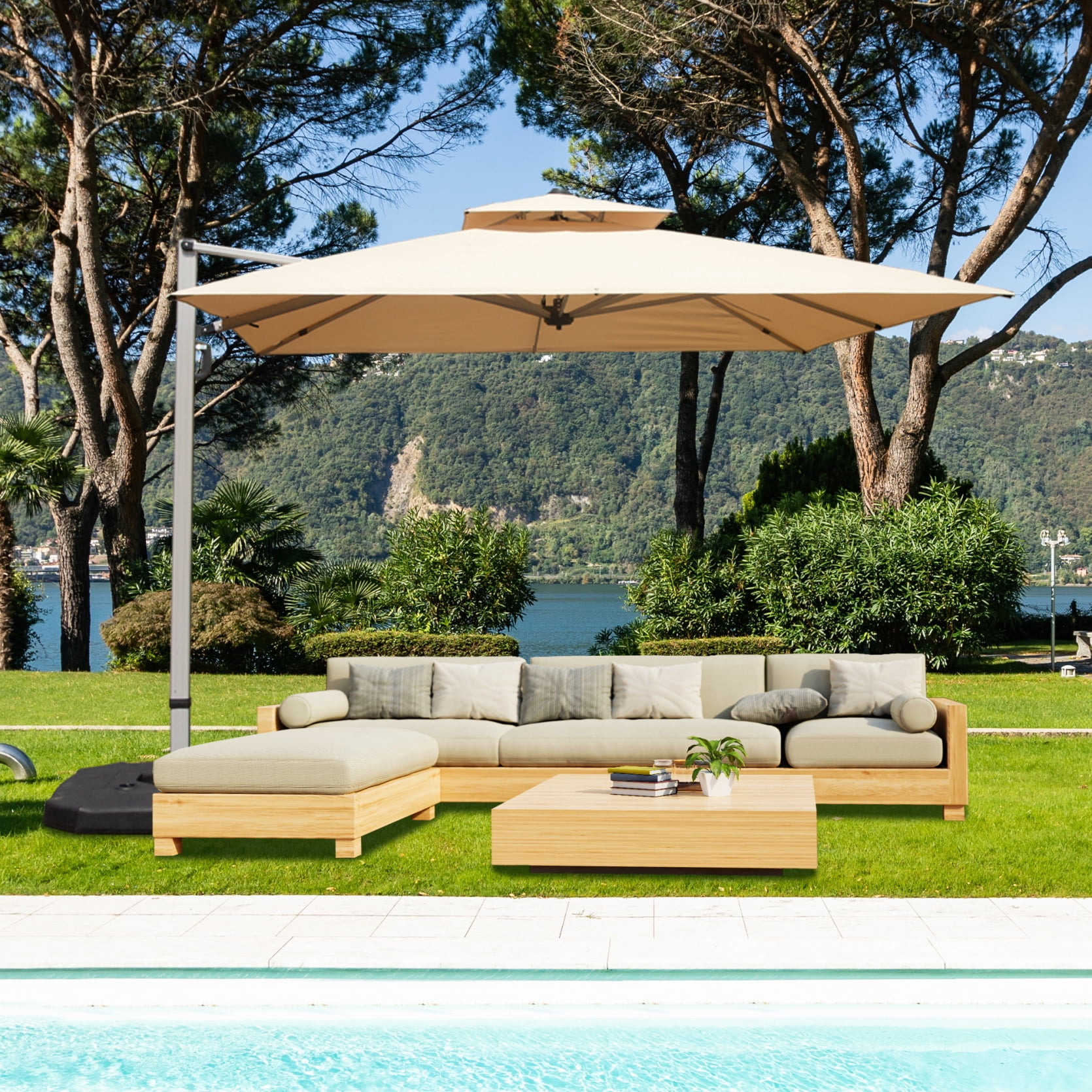 9ft Offset Cantilever Patio Umbrella, 360° Rotation Square Market Umbrella with 5-Position Tilt, 2-Tier Outdoor Table Umbrella with 9 Sturdy Ribs for Backyard, Pool, Beige (No Base)