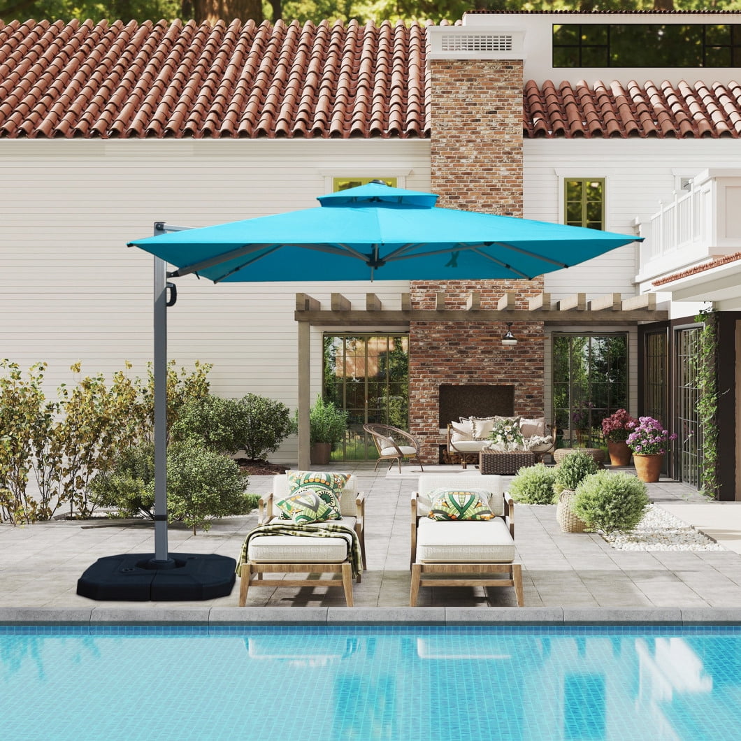 cantilever patio umbrella 9.8& 39 9ft Offset Cantilever Patio Umbrella, 360° Rotation Square Market Umbrella  with 5-Position Tilt, 2-Tier Outdoor Table Umbrella with 9 Sturdy Ribs for
