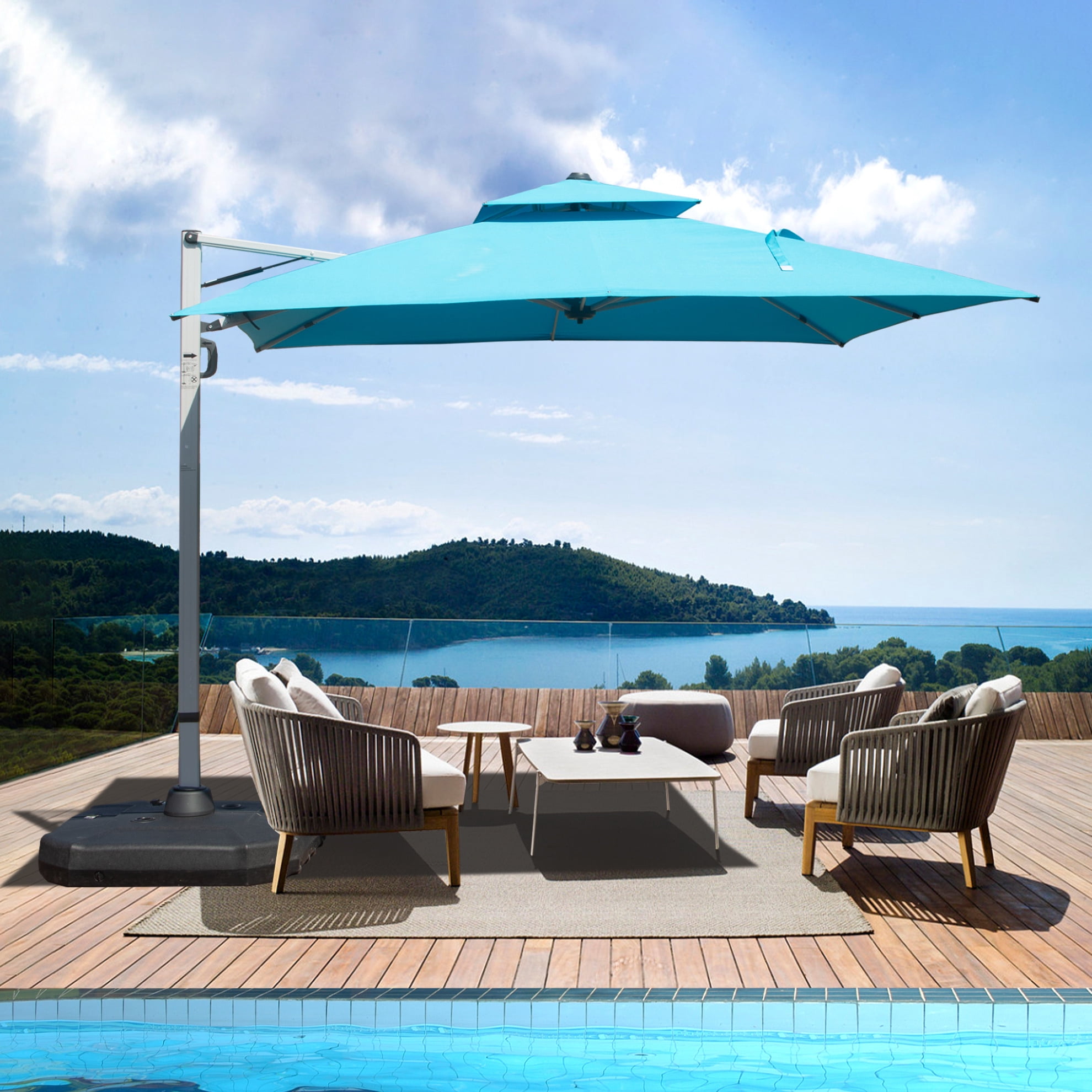 9ft Offset Cantilever Patio Umbrella, 360° Rotation Square Market Umbrella with 5-Position Tilt, 2-Tier Outdoor Table Umbrella with 9 Sturdy Ribs for Backyard, Pool, Blue (No Base)