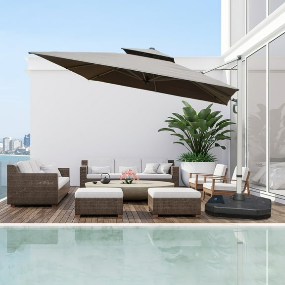 9ft Offset Cantilever Patio Umbrella, 360° Rotation Square Market Umbrella with 5-Position Tilt, 2-Tier Outdoor Table Umbrella with 9 Sturdy Ribs for Backyard, Pool, Gray (No Base)