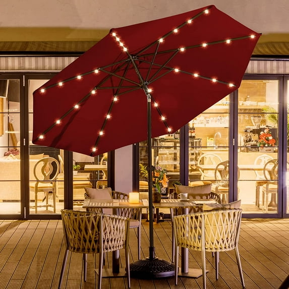 9ft Outdoor Patio Table Umbrella, Sturdy Solar Led Market Umbrella for Deck, Pool, Garden w/Tilt, Crank, 32 LED Lights - Burgundy Red
