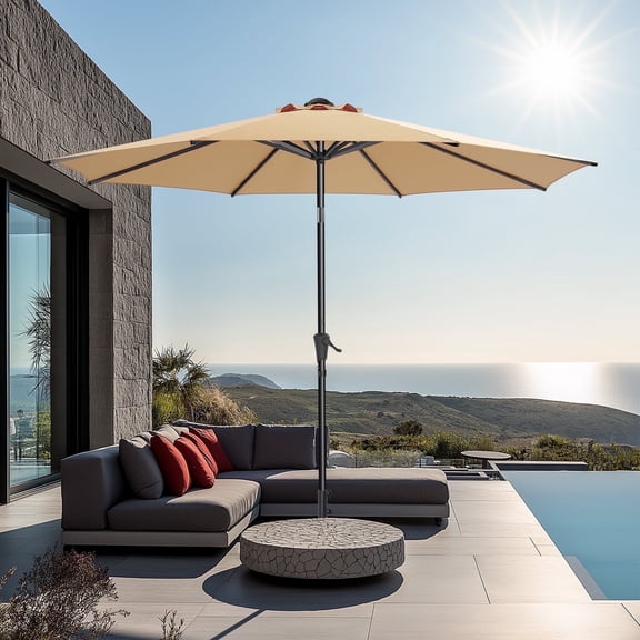 9ft Outdoor Patio Umbrella, Outdoor Table Umbrella with Push Button Tilt and Crank, Market Umbrella 6 Sturdy Ribs, Yard Umbrella