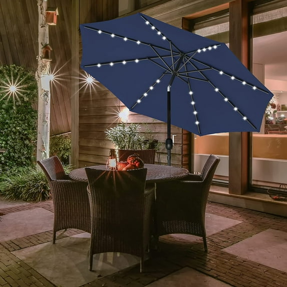 9ft Outdoor Table Umbrella with 32 LED, Patio Market Umbrella with Push Button Tilt, Crank and 8 Sturdy Ribs, Suitable for Garden, Deck, Backyard, Pool, Dark Blue