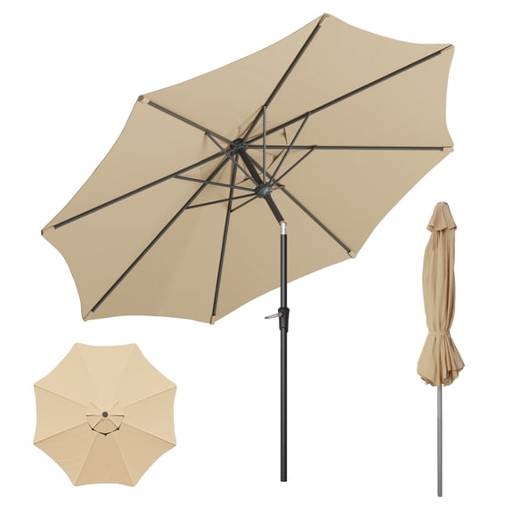 9ft Outdoor Umbrella with Beige Polyester Fabric, Patio Umbrella with Steel Ribs Market Table Umbrella with Push Button Tilt and Crank UV Protection Waterproof