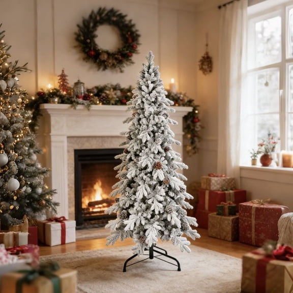 9ft PE/PVC Hybrid Automatic flocking Christmas Tree with pine cone- Steel Wire Support Easy-Open Holiday Decor