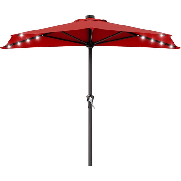 9ft Patio Half Umbrellas with Solar Lights, 1/2 LED Half Outdoor Umbrella w/ 20 LED Lights, Lighted Table Wall Umbrella with Crank & 5 Sturdy Ribs for Market, Pool, Deck, Lawn and Garden, Red