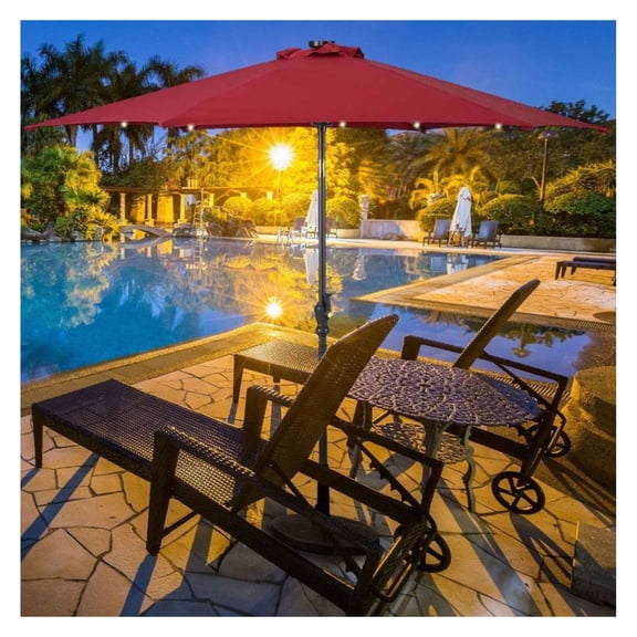 9ft Patio LED Solar Umbrella with Crank, UV Protection, Tilt & Crank System - Outdoor Market Parasol for Beach, Garden, Backyard