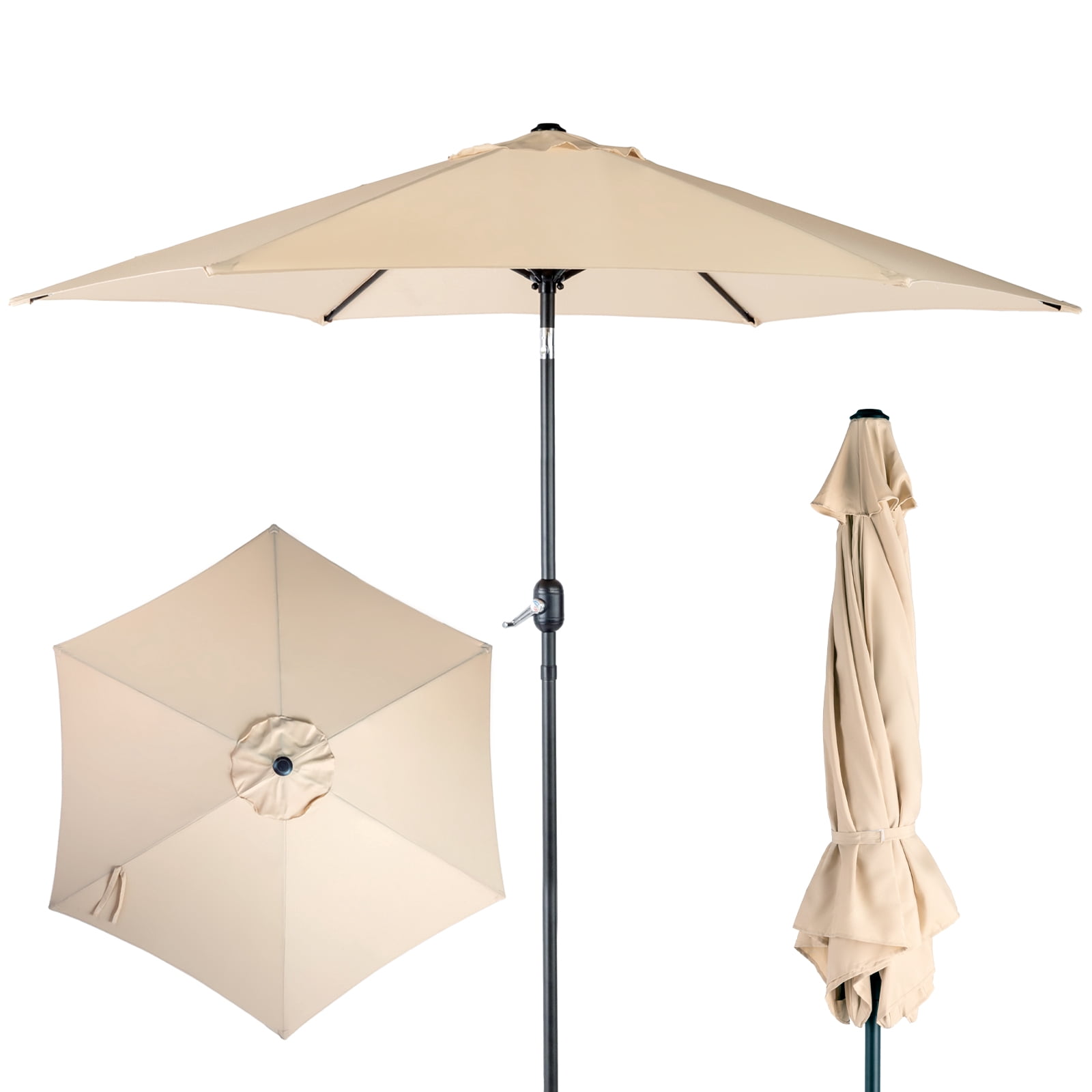 9ft Patio Umbrella, Beige Solution-Dyed Polyester Canopy with UPF 50+ Sun Protection, Crank Tilt & Wind Resistance