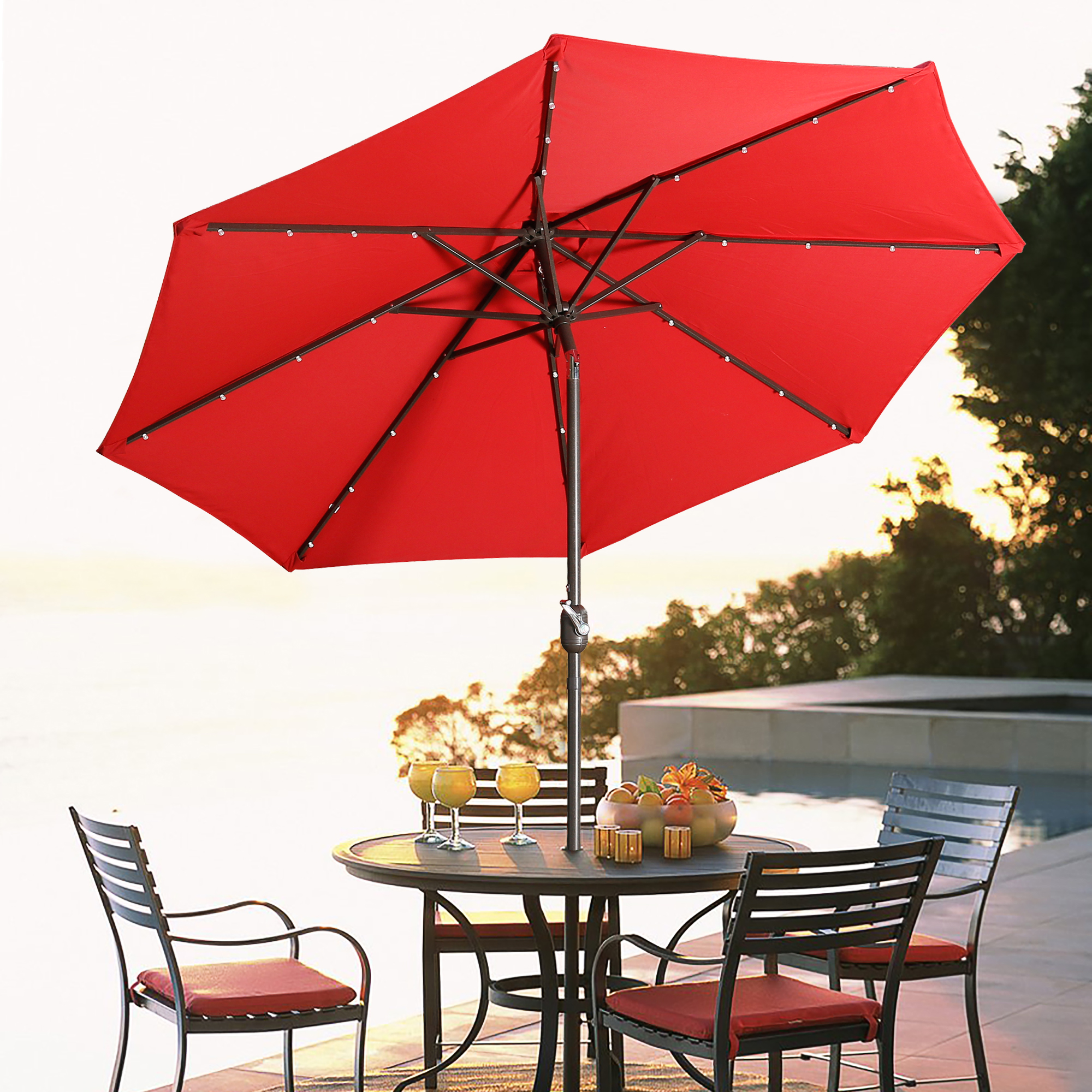 9FT Wood Patio Umbrella Outdoor Market Table Umbrella with Pulley Lift