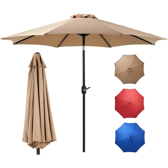 9ft Patio Umbrella with Tilt and Crank Button & 8 Sturdy Ribs Waterproof, Patio Table Umbrella Perfect for Poolside, Terrace, Beach and Outdoor Restaurant, Khaki