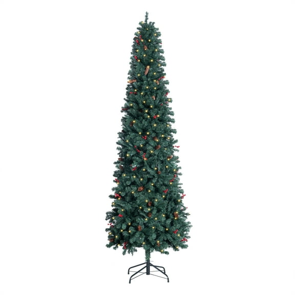 9ft Pencil Christmas Tree with Lights, Slim Christmas Tree Prelit with 1457 Branch Tips, 500 Warm Lights and Metal Stand by Homestock