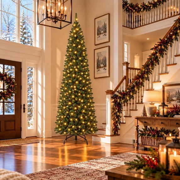 9ft Pencil Pre-Lit Artificial Christmas Tree with 380 Warm White LED ...