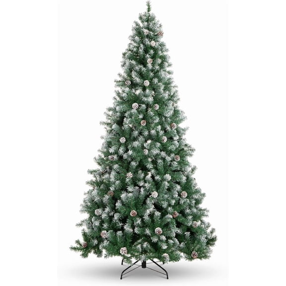 9ft Pre-Decorated Holiday Christmas Tree for Home, Office, Party Decoration, Flocked Christmas Tree, PVC Branch Tips, Partially Flocked Design, Pine Cones, Metal Hinges & Base