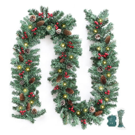 9ft Pre-Lit Artificial Christmas Garland with 50 Battery Operated Lights & Timer, 8 Lighting Modes Garland for Indoor Outdoor Mantle Stair Decor, Snowy Berries & Cones