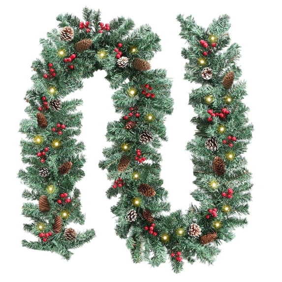 9ft Pre-Lit Artificial Christmas Garland with 50 Battery Operated Lights & Timer, 8 Lighting Modes Garland for Indoor Outdoor Mantle Stair Decor, Snowy Berries & Cones