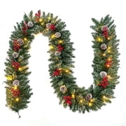 Cowin 9ft Pre-Lit Christmas Garland with 50 Waterproof LED Light and Pine Cones and Berries, 220 Branches Battery Operated Christmas Garland Decoration for Xmas Holiday Party