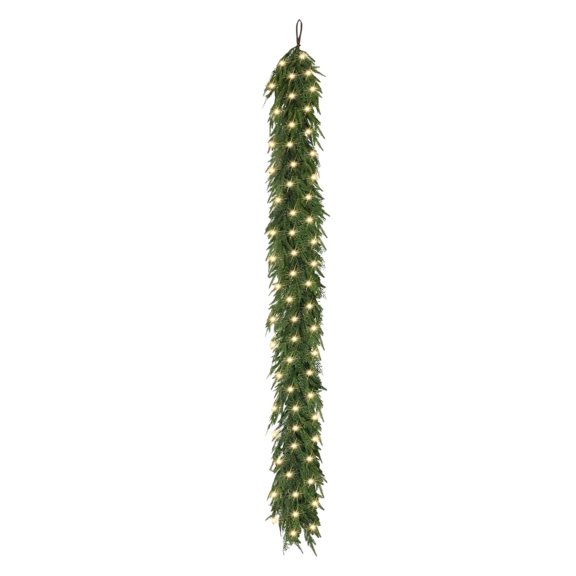 9ft Pre-Lit Christmas Garland Real Touch Cedar Cypress Pine Greenery, Artificial Mixed Foliage Vine with Lights for Mantel, Fireplace, Table, Stairs, Door, Indoor & Outdoor Decor