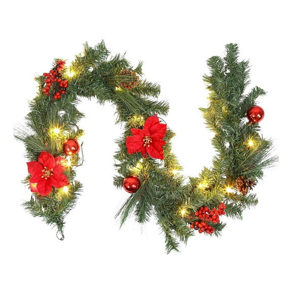 9ft Pre-Lit Christmas Garland with Flowers & Berries – Lighted Artificial Rattan for Fireplace, Door, Staircase, or Holiday Table Decor