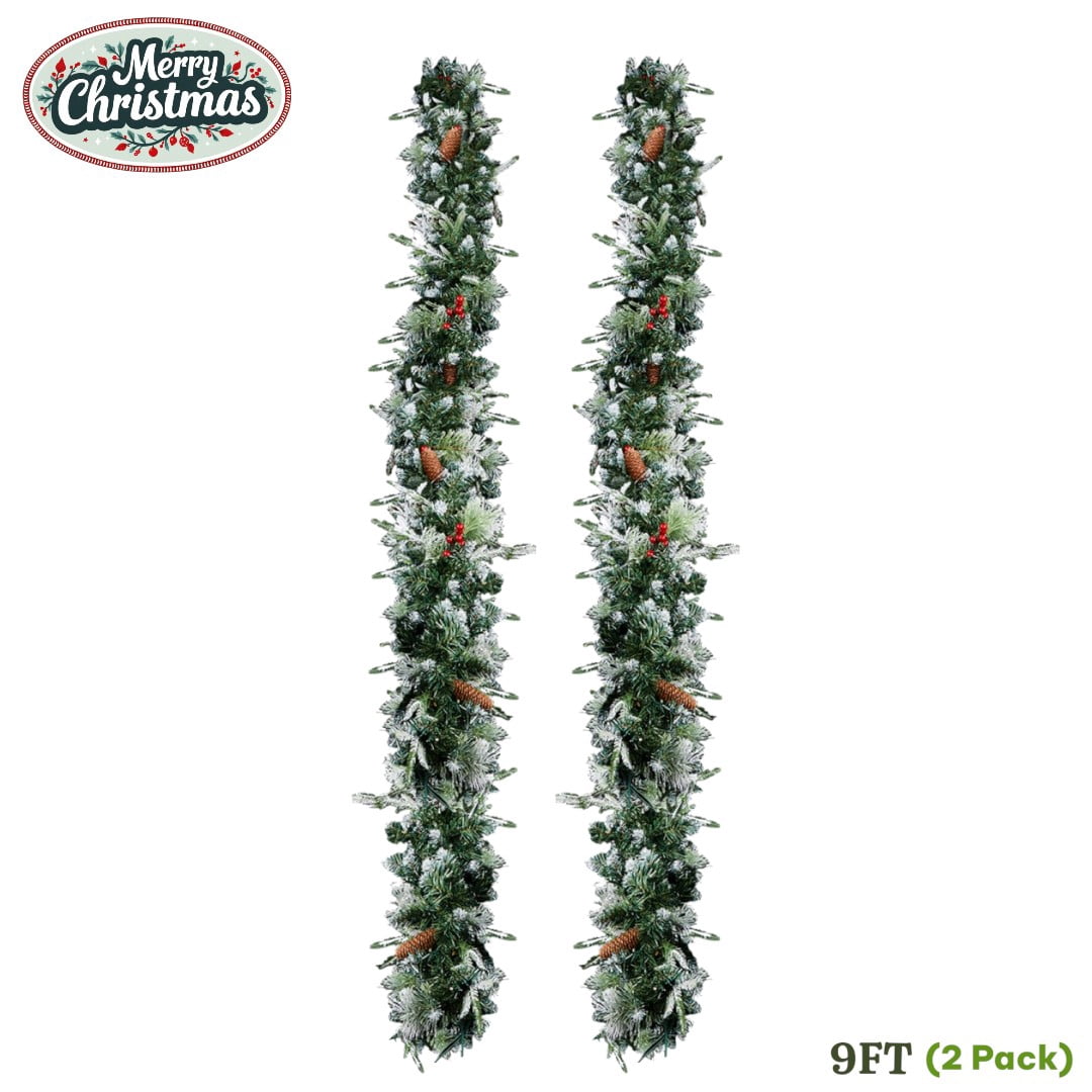 9ft Pre-Lit Christmas Garlands (2-Pack), Snow Flocked Branches with Red ...
