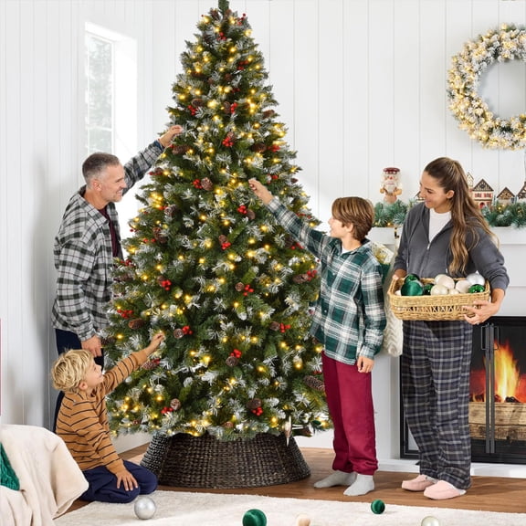9ft Pre-Lit Pre-Decorated Pine Hinged Artificial Christmas Tree with 1740 Flocked Frosted Tips, 103 Pine Cones, 309 Red Berries, 600 Lights, Metal Base for Holiday Party Office Home