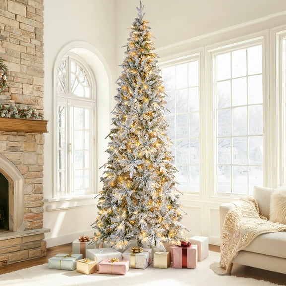 Qunler 9ft Pre-Lit Snow Flocked Artificial PE+PVC Christmas Tree with 450 Warm White 8 Modes LED Lights, Green