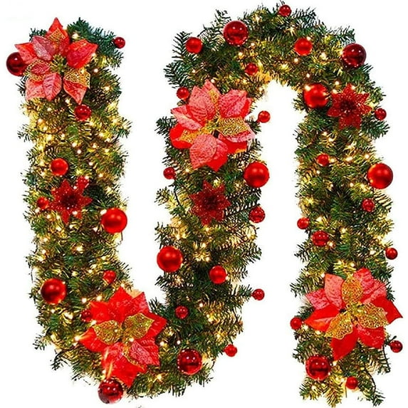 9ft Pre-lit Artificial Christmas Garland Decorations Wreath Indoor Holiday Christmas Lighted Garland with Pine Cones Christmas Balls Red Bows for Fireplace, Stair Decoration